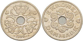 ДАНИЯ 5 КРОН 1990 LG; JP; A, МАРГРЕТЕ II (1972-) KM 869.1 медно-никель 38-435