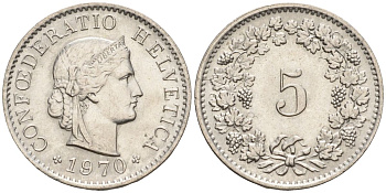 Швейцария 5 раппенов 1970 KM 26 медно-никель 4608-461