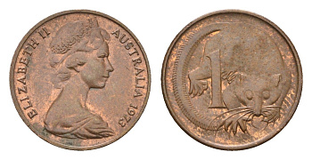 Австралия 1 цент 1973 Елизавета II (1952-2022), молодой портрет, опоссум KM 62 бронза UNC 4669-1161
