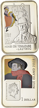Ниуэ 1 доллар 2008 Анри де Тулуз - Лотрек, Елизавета II (1952-2022) KM 211 серебро  PROOF  00-00