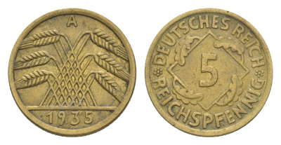 Германия 5 рейхспфеннигов 1935 A KM 39, J. 316 алюминиевая бронза 4644-1138