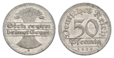 Германия 50 пфеннигов 1920 A KM 27, J. 301 алюминий 4638-955