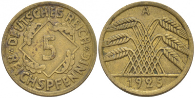 Германия 5 рейхспфеннигов 1925 A KM 39, J. 316, Weege 7 алюминиевая бронза 110-242