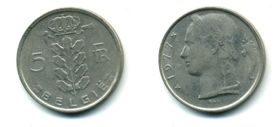 БЕЛЬГИЯ 5 ФРАНКОВ 1977 BELGIE KM 135.1 медно-никель 25-1515