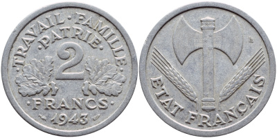 Франция 2 франка 1943 правительство Виши KM 904.1 алюминий 4397-727