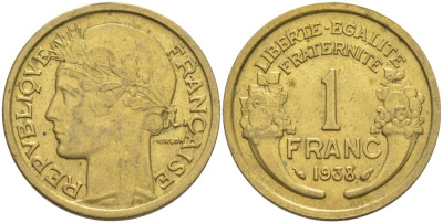 ФРАНЦИЯ 1 ФРАНК 1938 ТИП MORLON KM 885, LE FRANC 219.9 алюминиевая бронза 3853-146