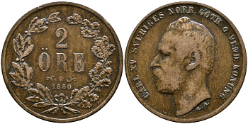 Швеция 2 эре 1860 Карл XV (1859-1872) KM 706 бронза 86-1837