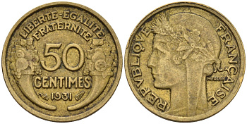 Франция 50 сантимов 1931 KM 894.1, Le Franc 192.15 алюминиевая бронза 4596-732