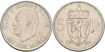 Норвегия 5 крон 1963 Улаф V (1958-1991) KM 412 медно-никель 4572-212