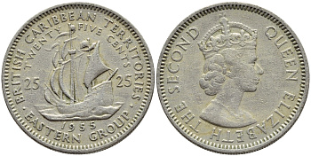 Британские Восточно-Карибские территории 25 центов 1955 Елизавета II (1952-2022), парусник KM 6 медно-никель 76-713