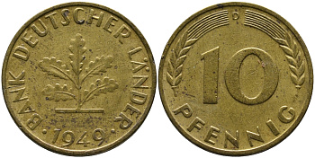 ФРГ 10 ПФЕННИГОВ 1949 D KM 103, J. 378 сталь плакированная латунью 98-526