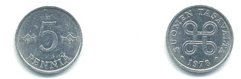 ФИНЛЯНДИЯ 5 ПЕННИ 1978 KM 45а алюминий 80-847