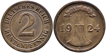 ГЕРМАНИЯ 2 РЕНТЕНПФЕННИГА 1924 F, ВЕЙМАРСКАЯ РЕСПУБЛИКА (1919-1933) KM 31, Jager 307, Weege 3 бронза 4546-812