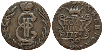 Россия полушка 1776 сибирская монета, Екатерина II (1762-1796), KM, Сузунский монетный двор, вес 1,87 г Биткин 1226 (R1), 2,5 рубля по Петрову, три рубля по Трапезникову медь 00-810-46