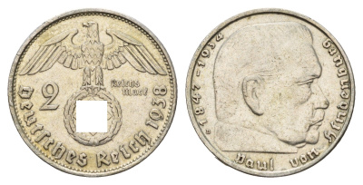 Германия 2 рейхсмарки 1938 B, Пауль фон Гинденбург (1847-1934) KM 93, J. 366 серебро 76-1151
