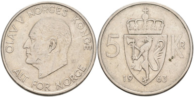 Норвегия 5 крон 1963 Улаф V (1958-1991) KM 412 медно-никель 4572-212