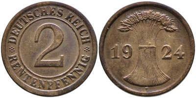 ГЕРМАНИЯ 2 РЕНТЕНПФЕННИГА 1924 F, ВЕЙМАРСКАЯ РЕСПУБЛИКА (1919-1933) KM 31, Jager 307, Weege 3 бронза 4546-812