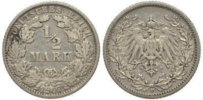 ГЕРМАНИЯ 1/2 МАРКИ 1907 F, Weege 16, J. 16, KM 17 серебро 413-4331