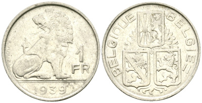 Бельгия 1 франк 1939 BELGIQUE - BELGIE KM 119 никель 4177-1027