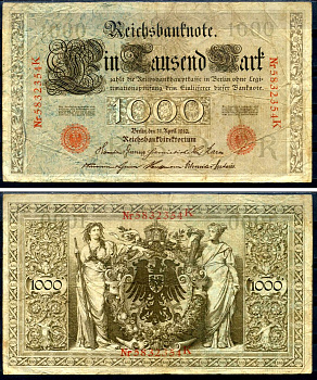 Германия 1000 марок 1910 21 апреля 1910, красная печать, номер семизначный, серия K, буква R, выпуск АПРЕЛЬ - ИЮЛЬ 1918 Pick 44 b бумага 2194-41-2-1