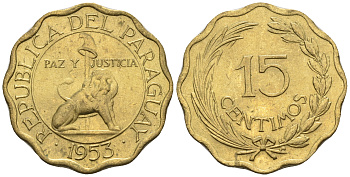 Парагвай 15 сентимо 1953 лев, фригийский колпак на шесте KM 26 алюминиевая бронза  aUNC  4177-555