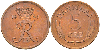 ДАНИЯ 5 ЭРЕ 1963 C; S, ФРЕДЕРИК IX (1947-1972) KM 848.1 бронза UNC 106-213