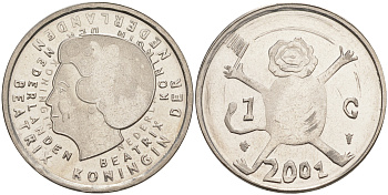 Нидерланды 1 гульден 2001 прощай гульден, детский рисунок, лев с флагом в руках KM 233 никель UNC 106-326