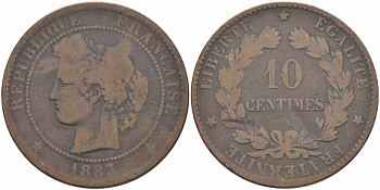 ФРАНЦИЯ 10 САНТИМОВ 1883 A, ТРЕТЬЯ РЕСПУБЛИКА (1871-1940) KM 815.1, LA FRANC 135.27 бронза 97-633