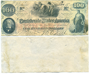 КОНФЕДЕРАТИВНЫЕ ШТАТЫ АМЕРИКИ 100 ДОЛЛАРОВ 1862 КОПИЯ, ОДНОСТОРОННИЙ ПРИНТ бумага 7218-13-2