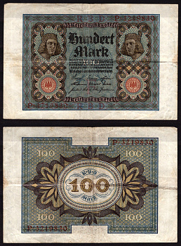 Германия 100 марок 1925 Веймар,7 цифр в номере, F, «Бамбергский всадник» из оперы «Купол Бамберга». Pick 69 a бумага 6289-20-1-2