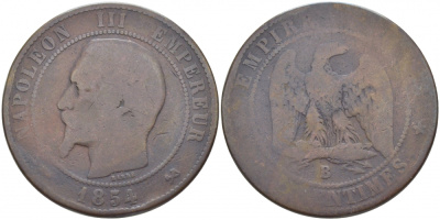 ФРАНЦИЯ 10 САНТИМОВ 1854 B, НАПОЛЕОН III (1852-1870) KM 771.2 бронза 114-1241