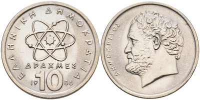 Греция 10 драхм 1986 Демокрит KM 132 медно-никель UNC 4563-1224