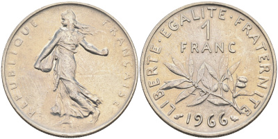 Франция 1 франк 1966 сеятель KM 925.1 никель    4177-246