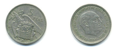 ИСПАНИЯ 5 ПЕСЕТ 1957 (66) ФРАНСИСКО ФРАНКО ДИКТАТОР ИСПАНИИ (1939-1975) KM 786 медно-никель 80-1125