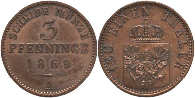 ПРУССИЯ 3 ПФЕННИГА 1869 А, ВИЛЬГЕЛЬМ I (1861-1888) KM 482 медь 117-427