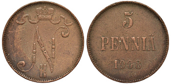 Россия для Финляндии 5 пенни 1908 Николай II (1894-1917) KM 15, Биткин 449 медь 75-754