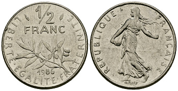 Франция 1/2 франка 1986 сеятель KM 931.1, Le Franc 198.25 никель 4138-242
