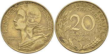 Франция 20 сантимов 1968 тип Marianne KM 930, Le Franc 156.8 медь алюминий никель 4592-1042