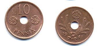 ФИНЛЯНДИЯ 10 ПЕННИ 1941 KM 33.1 медь 51-4928