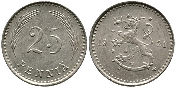 ФИНЛЯНДИЯ 25 ПЕННИ 1921 Н KM 25 медно-никель 4532-138