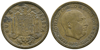 ИСПАНИЯ 1 ПЕСЕТА 1953 (58) ФРАНСИСКО ФРАНКО ДИКТАТОР ИСПАНИИ (1939-1975) KM 775 алюминиевая бронза 4364-2031