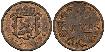 Люксембург 25 сантимов 1947 Шарлотта (1918-1964) KM 45 бронза 4532-655