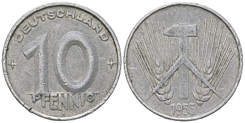ГДР 10 пфеннигов 1953 A KM 7 алюминий 201-769
