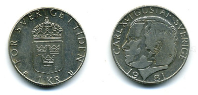 Швеция 1 крона 1981 Карл XVI Густав (1973- ) KM 852 медь плакированная медно-никелем 37-831