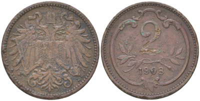 Австрия 2 геллера 1908 Франц Иосиф (1848-1916) KM 2801 бронза 4613-844