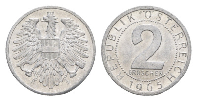 Австрия 2 гроша 1965 KM 2876 алюминий aUNC 4564-711