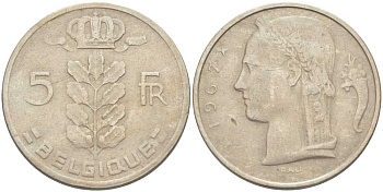 БЕЛЬГИЯ 5 ФРАНКОВ 1967 BELGIQUE, БОДУЭН I (1951-1993) KM 134.1 медно-никель 213-555