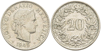 ШВЕЙЦАРИЯ 20 РАППЕНОВ 1945 В KM 29а медно-никель 4511-913