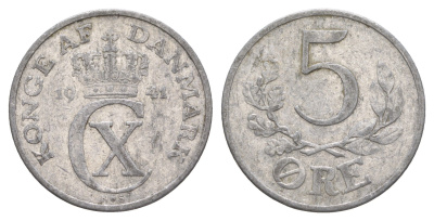 Дания 5 эре 1941 N, Кристиан X (1912-1947) KM 834 алюминий 4638-641