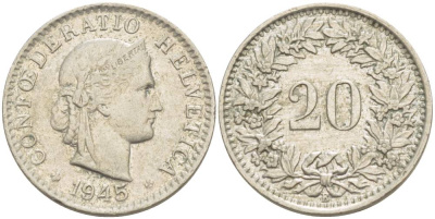 ШВЕЙЦАРИЯ 20 РАППЕНОВ 1945 В KM 29а медно-никель 4511-913